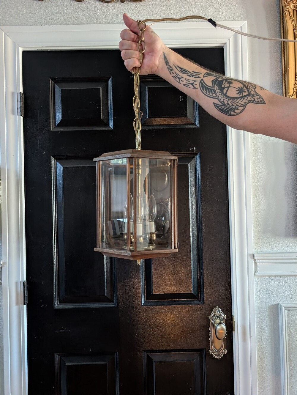 Vintage wood-trimmed, Brass Metal hexagonal glass lantern pendant / Swag Light
